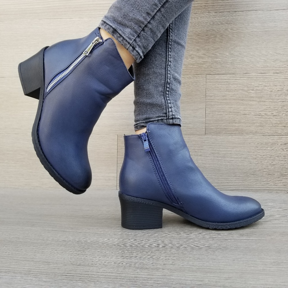 Navy Faux Leather Ankle Boots W/ Silver Zipper